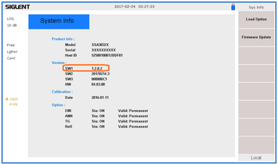 千亿QY88官网SSA3000X频谱仪系统信息界面的截图示例